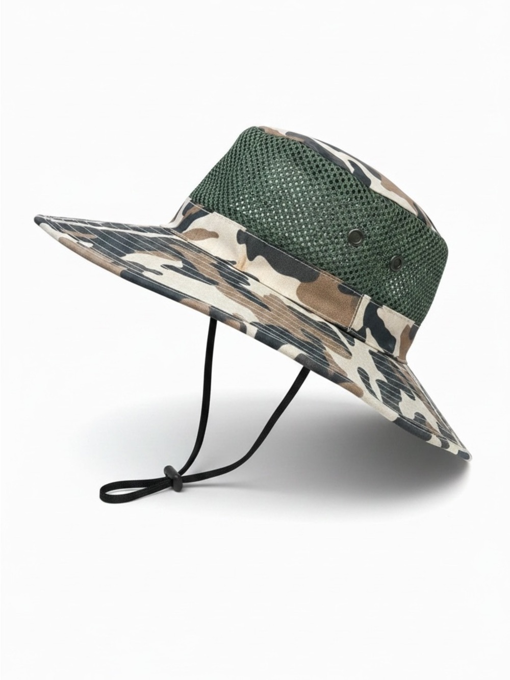 Unisex camouflage boonie bucket hat with a mesh top and an adjustable chin strap